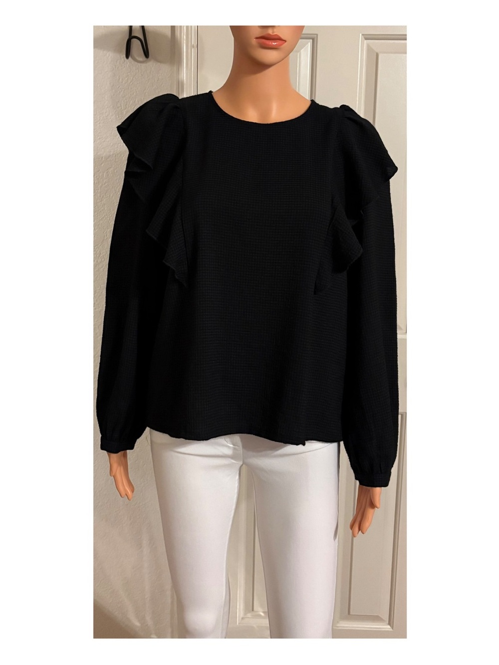 Madewell Black Ruffle-Shoulder Long-Sleeve Blouse